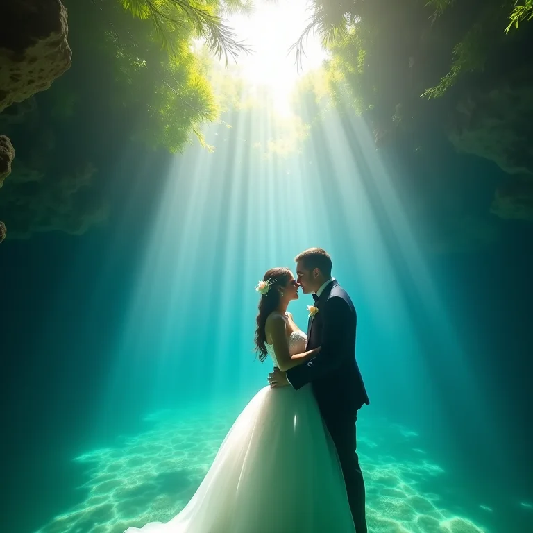 Noivos praticam snorkeling em cenote cristalino na Riviera Maya.