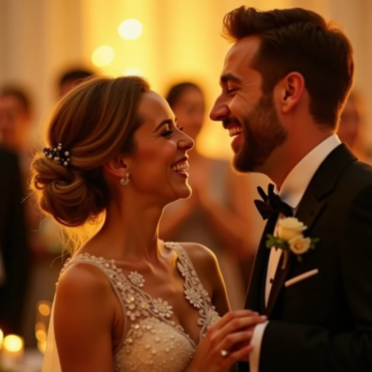 Noivos rindo espontaneamente durante a recepção do casamento.