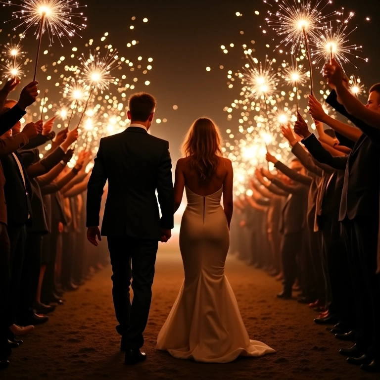 Noivos saindo do casamento sob uma chuva de sparkles brilhantes.