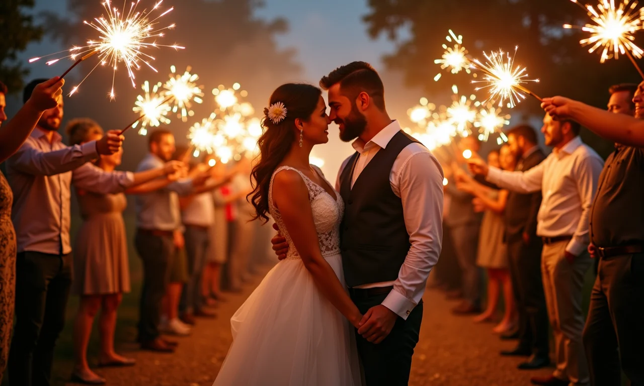 Noivos sendo celebrados com sparklers durante o cortejo de saída.