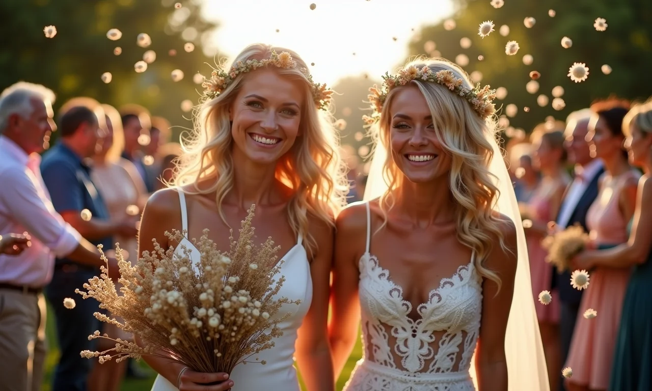 Noivos sendo cobertos com mini flores secas durante o cortejo de saída.