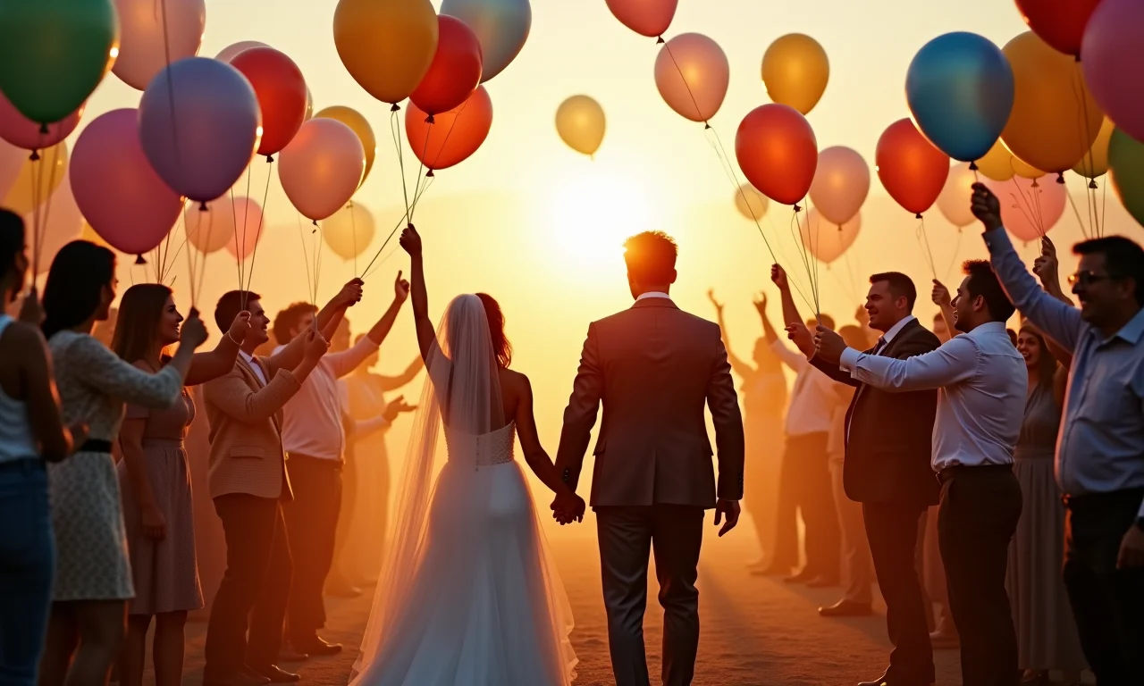 Noivos soltando balões coloridos no cortejo de saída.
