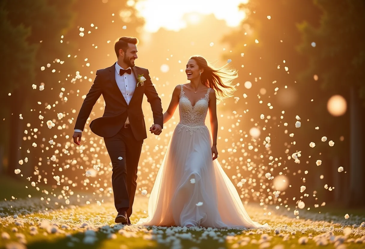 Noivos sorrindo correndo em meio a pétalas brancas na saída do casamento.