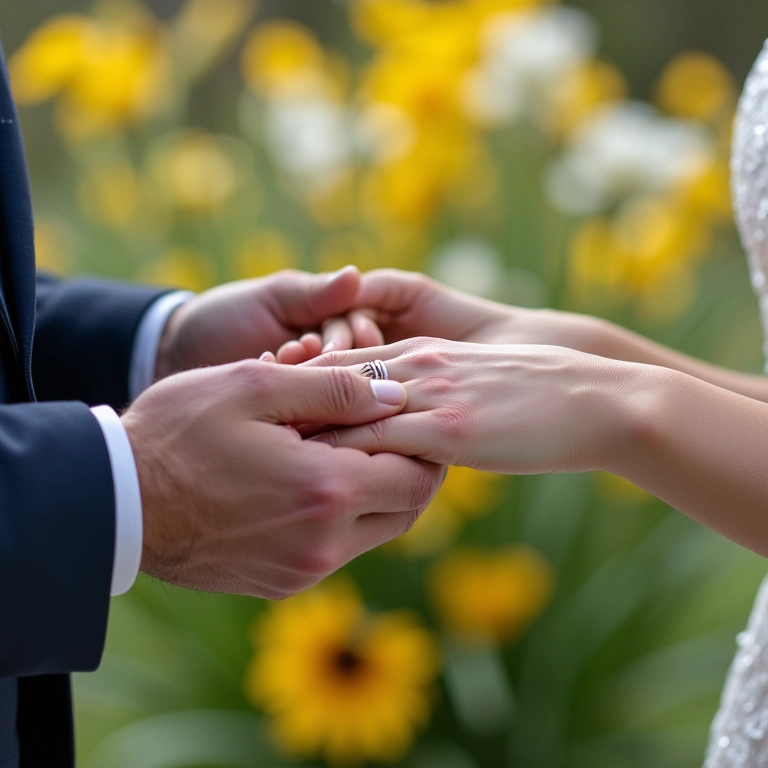 Noivos trocando alianças em casamento de primavera