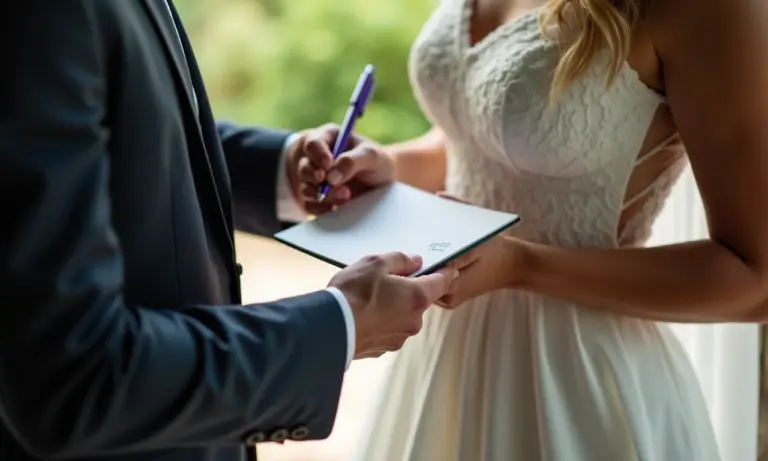 Noivos trocando votos e lendo cartões de agradecimento.