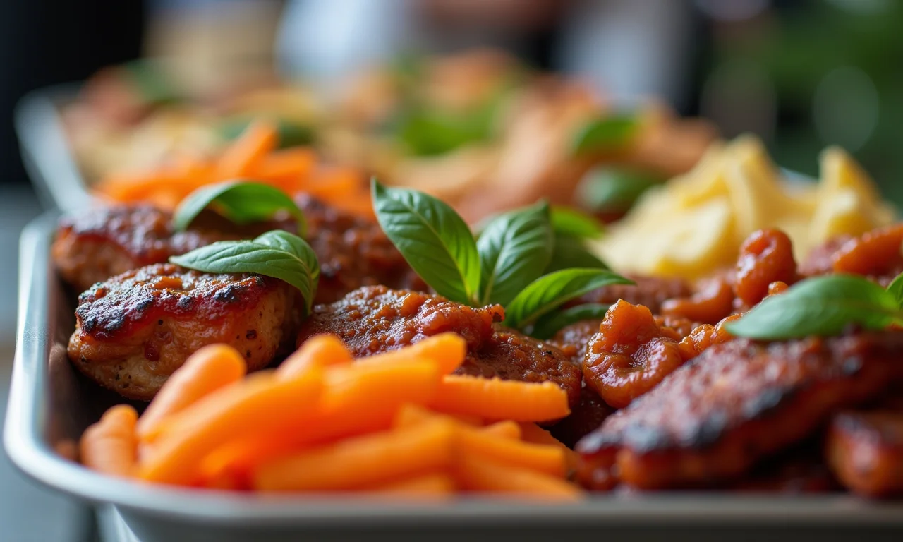 Opções variadas de comida em um buffet de casamento economicamente eficiente.