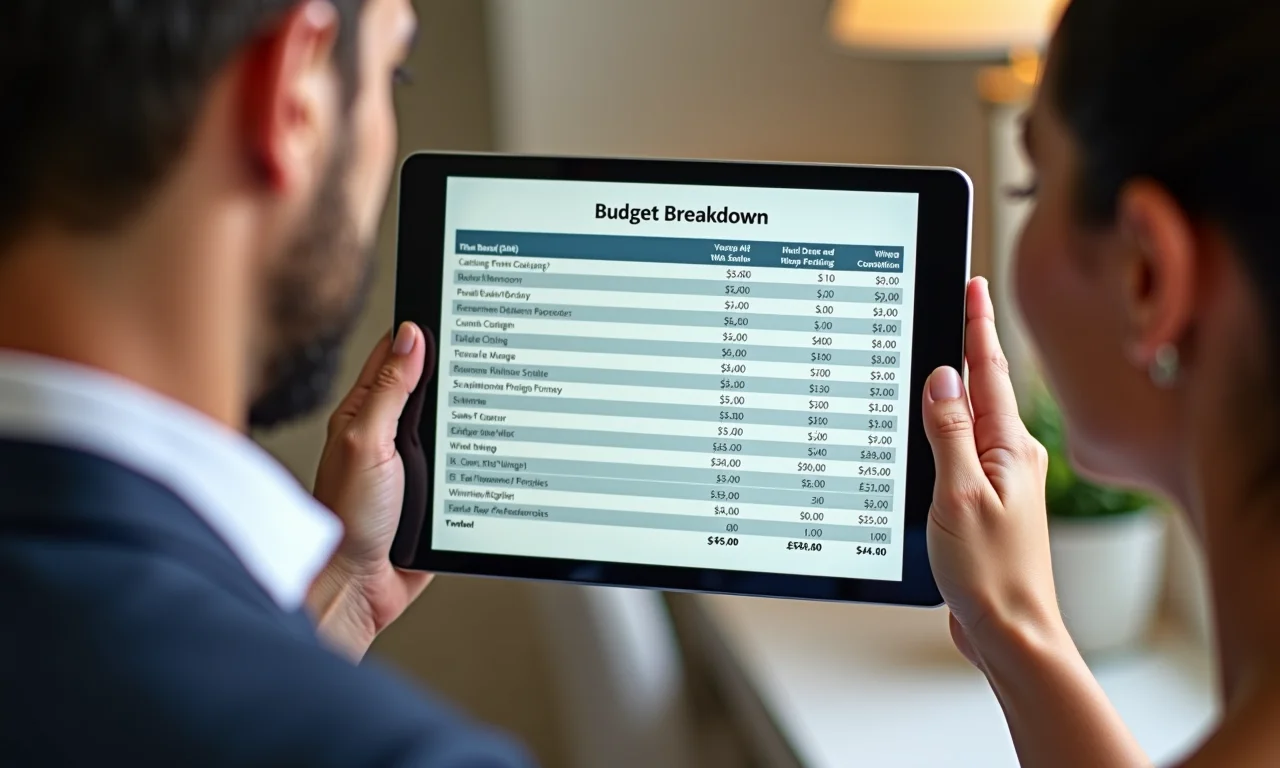 Orçamento detalhado de casamento exibido em um tablet com casal diverso revisando finanças.