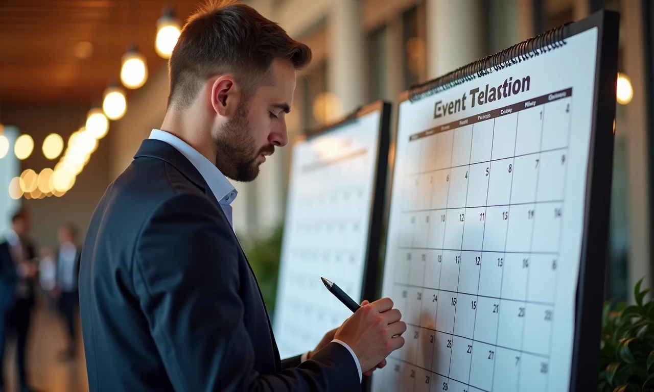 Organizador de eventos marcando um calendário para reservar um gerador com antecedência.