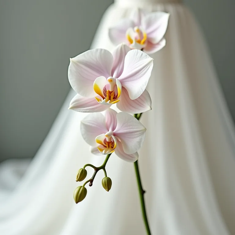 Orquídea única adornando um vestido de noiva moderno, minimalismo e elegância.