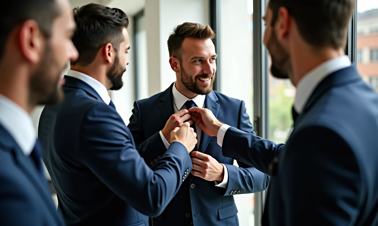 Padrinhos ajudando o noivo a se arrumar no making of.