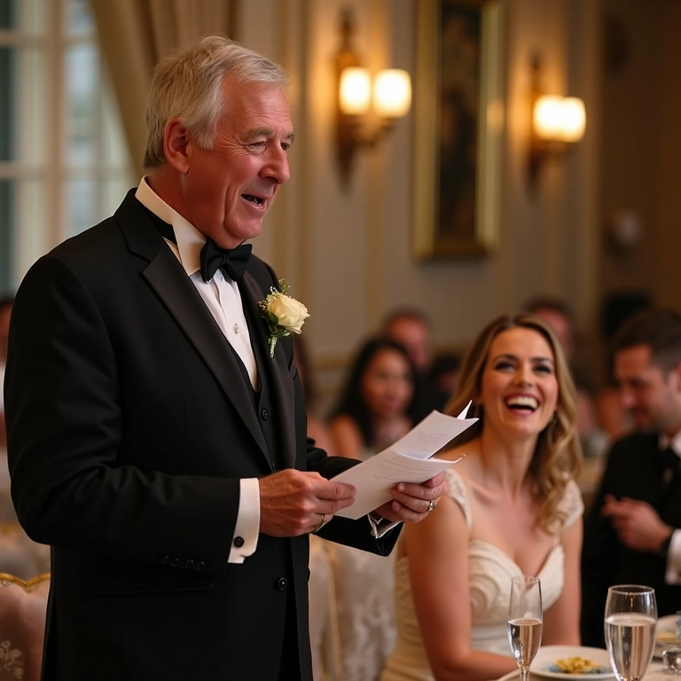 Pai da noiva emocionado fazendo discurso durante o brinde.