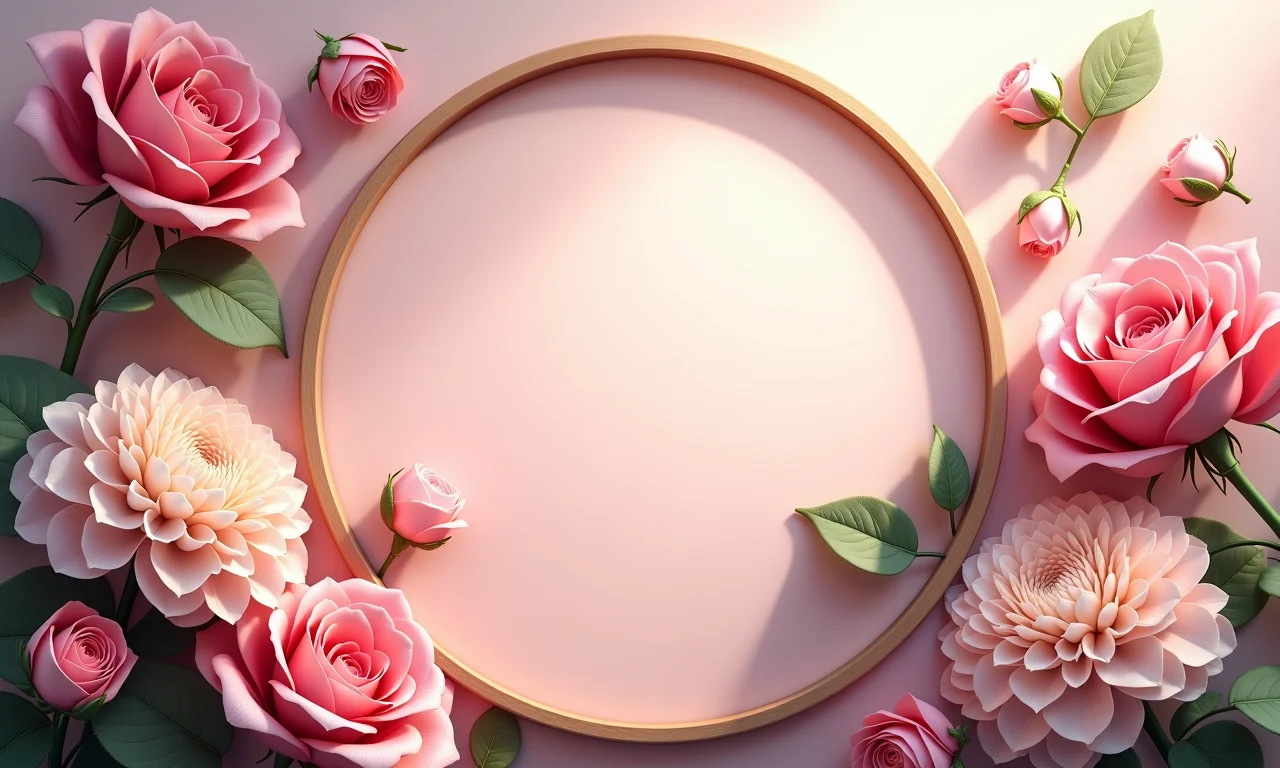 Painel redondo floral com rosas e hortênsias.