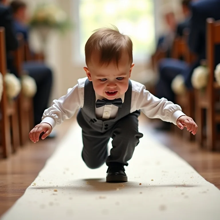 Pajem caindo durante a entrada no casamento.