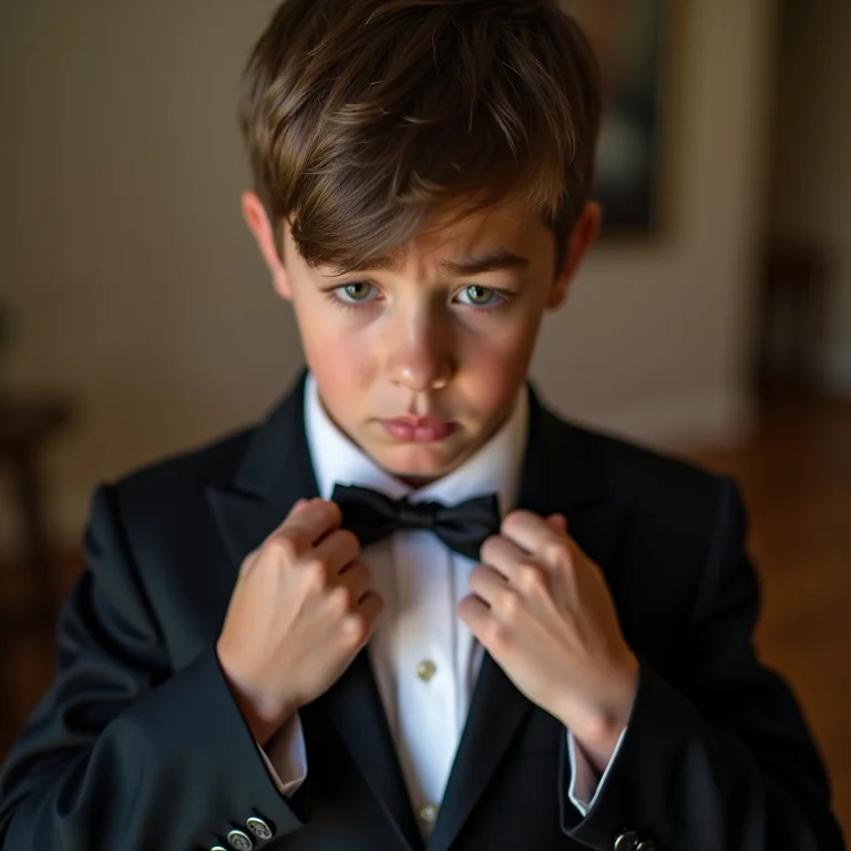 Pajem desconfortável com a roupa do casamento.