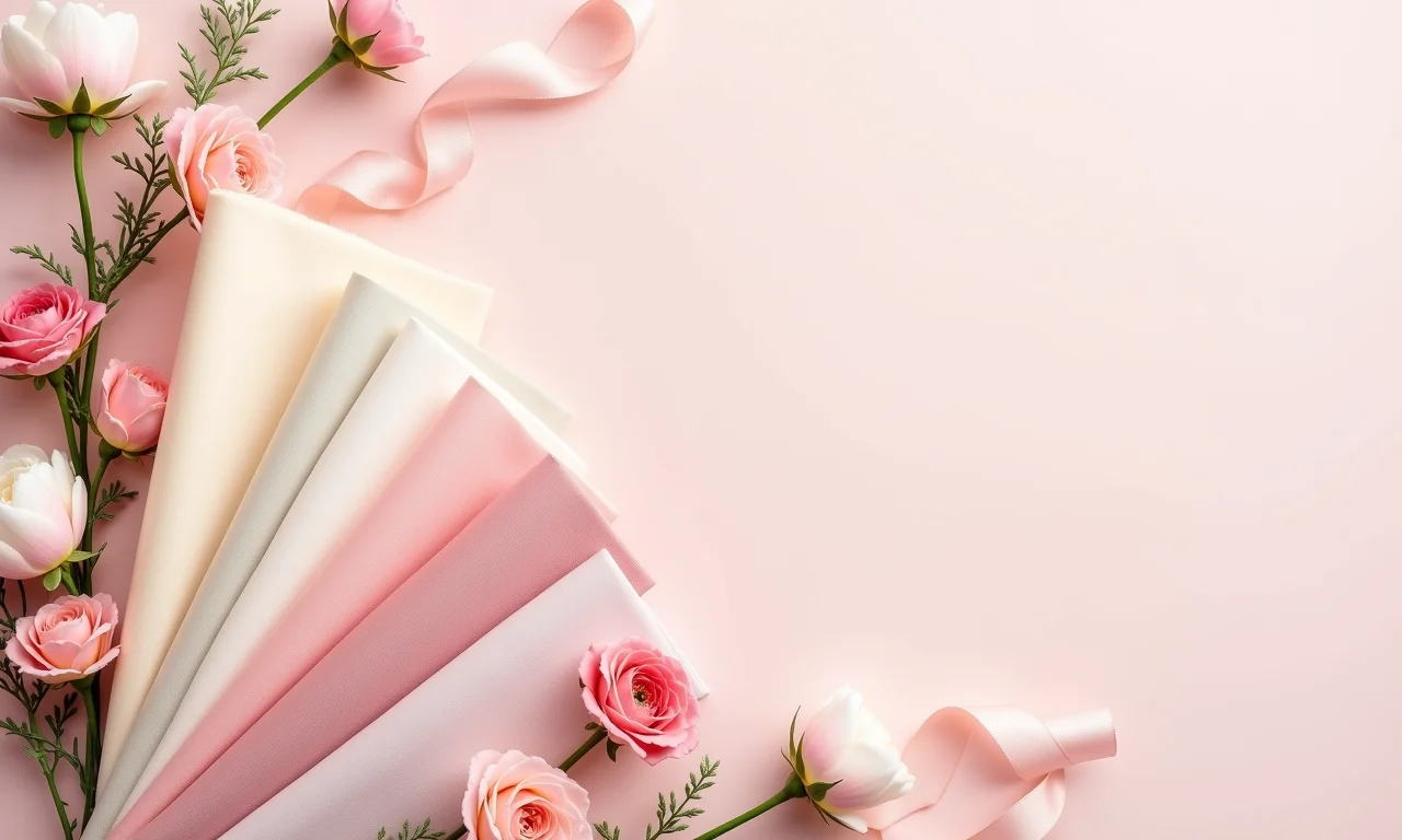 Paleta de cores para casamento com amostras de voal em tons pastel.