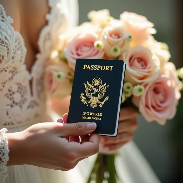 Passaporte da noiva com buquê de flores