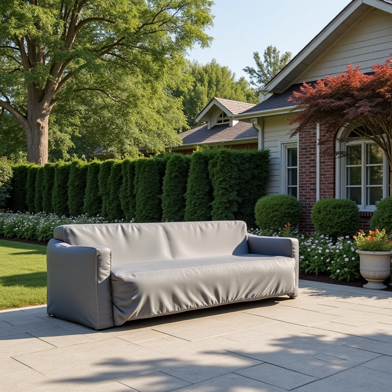 Pátio coberto com capas de proteção para móveis.