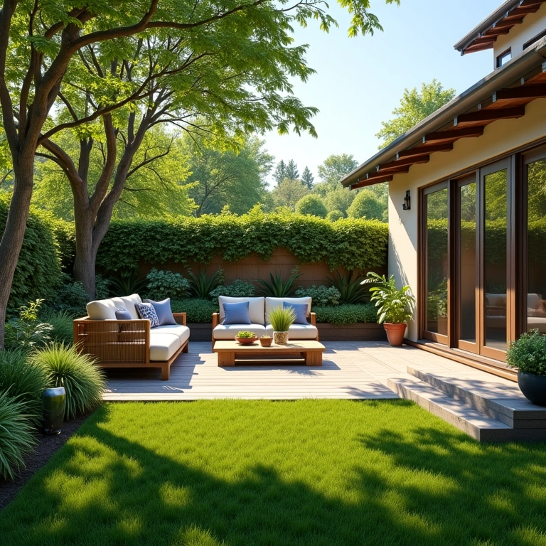 Pátio ensolarado com assentos confortáveis e gramado verde.