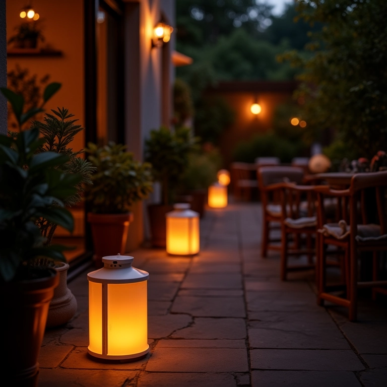 Pátio iluminado com lanternas e assentos confortáveis.