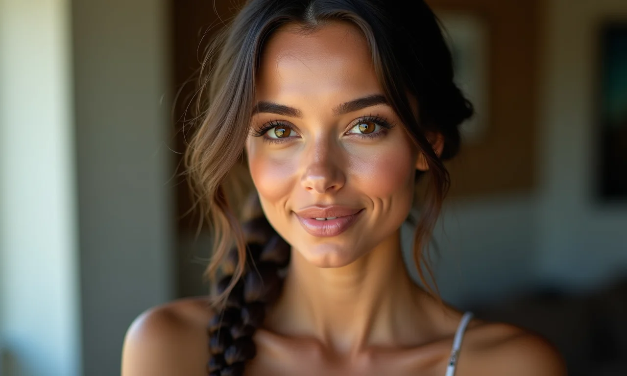 Penteado com trança elegante e detalhada.