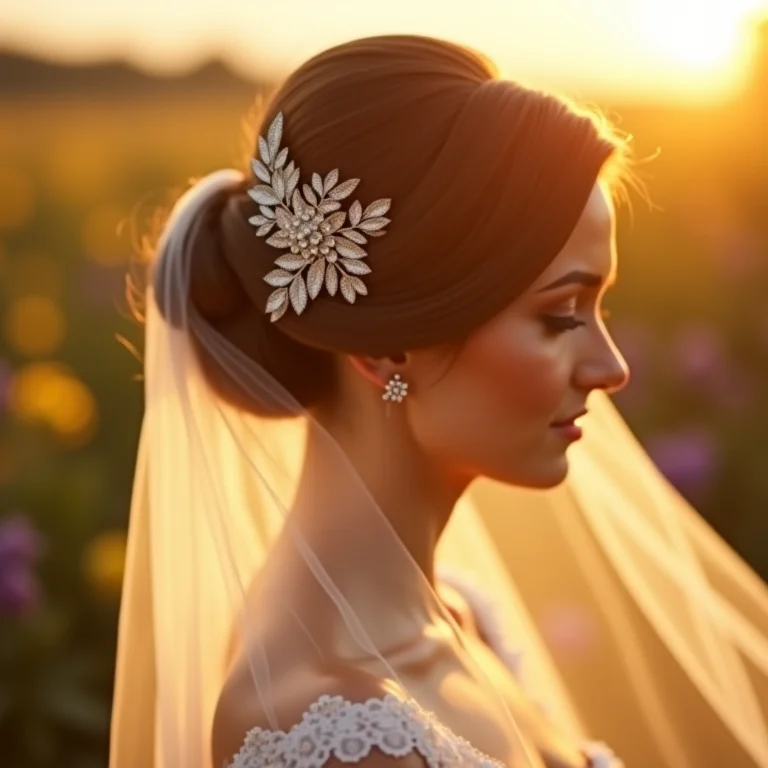 Penteado de noiva com véu e pente de cabelo brilhante