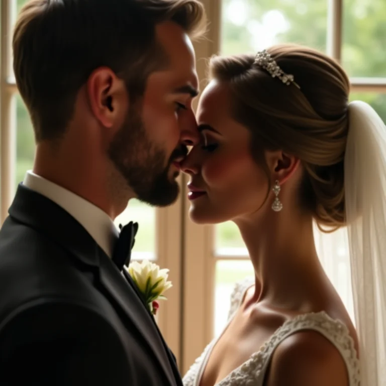 Pequeno gesto de carinho: o noivo acariciando o rosto da noiva.