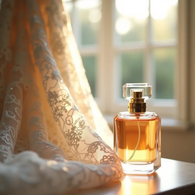 Perfume e detalhes da renda do vestido de noiva.