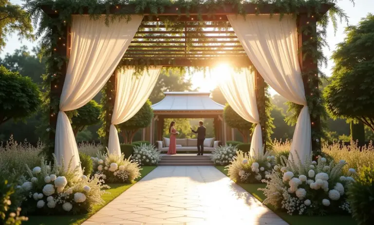 Pergolado de casamento decorado com tecidos brancos, folhagens e luzes.