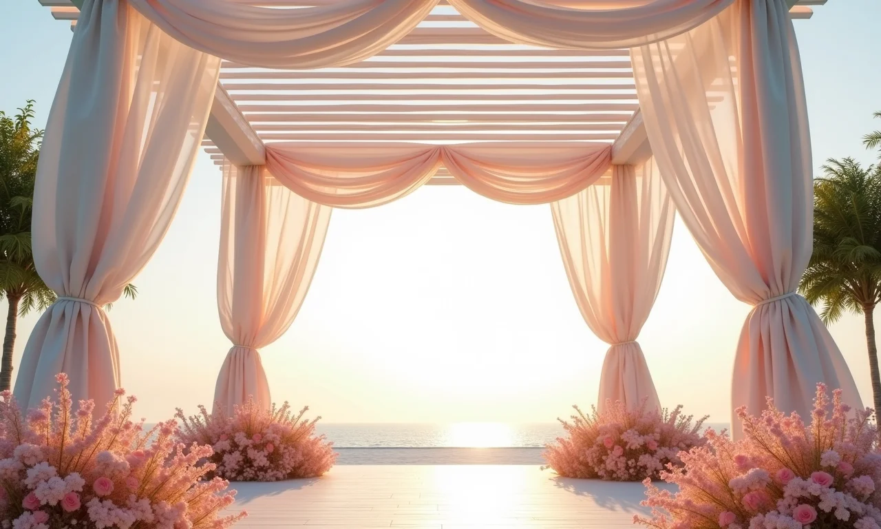 Pergolado decorado com tecidos leves e esvoaçantes.