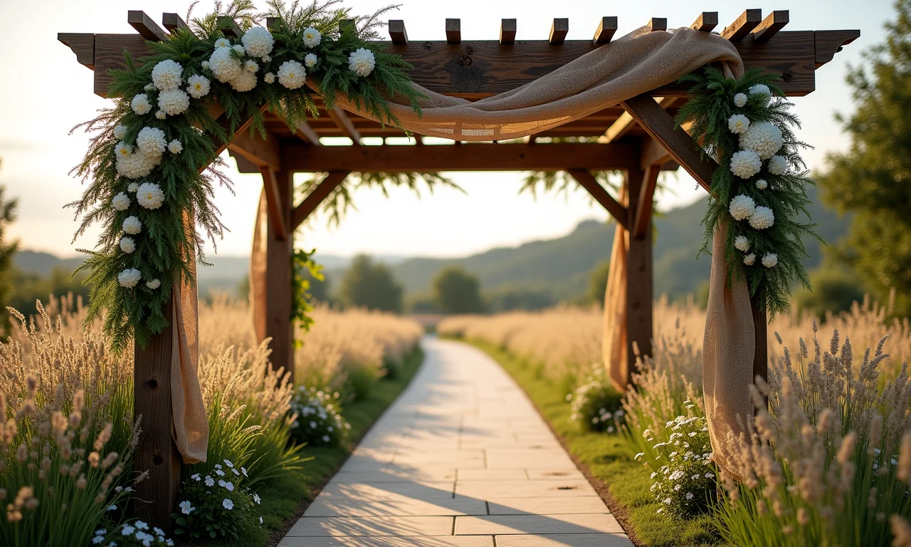 Pergolado rústico decorado com madeira e flores do campo.