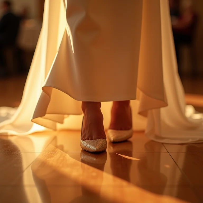 Pés da noiva pisando elegantemente na pista de dança polida.