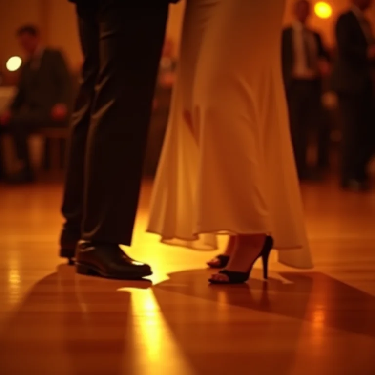Pés dos noivos dançando em pista de madeira polida, iluminação suave.