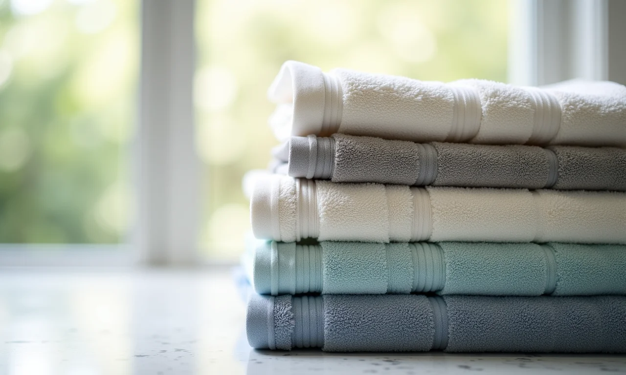 Pilhas de toalhas jacquard dobradas, mostrando diferentes espessuras e gramaturas.