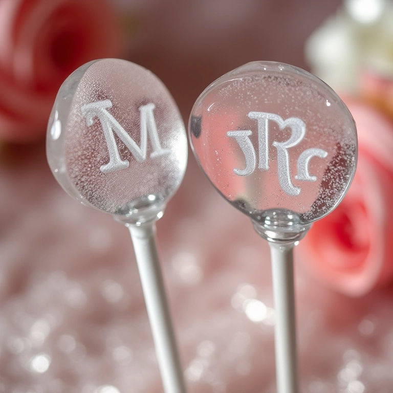 Pirulitos de cristal com iniciais dos noivos.