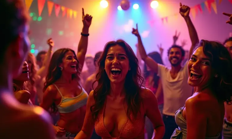 Pista de dança animada com adereços coloridos em festa brasileira.