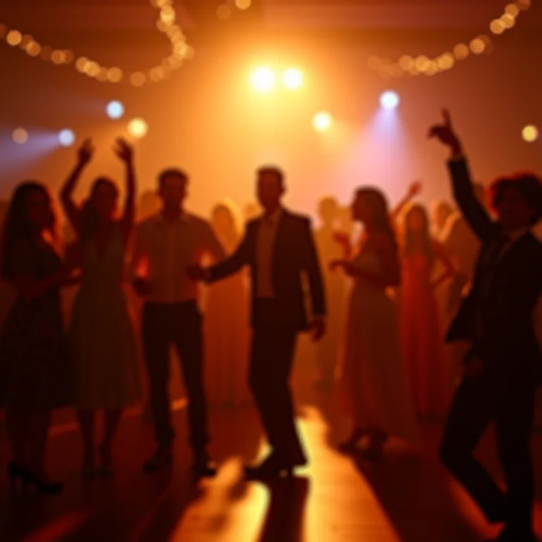 Pista de dança cheia de convidados se divertindo em festa de casamento.