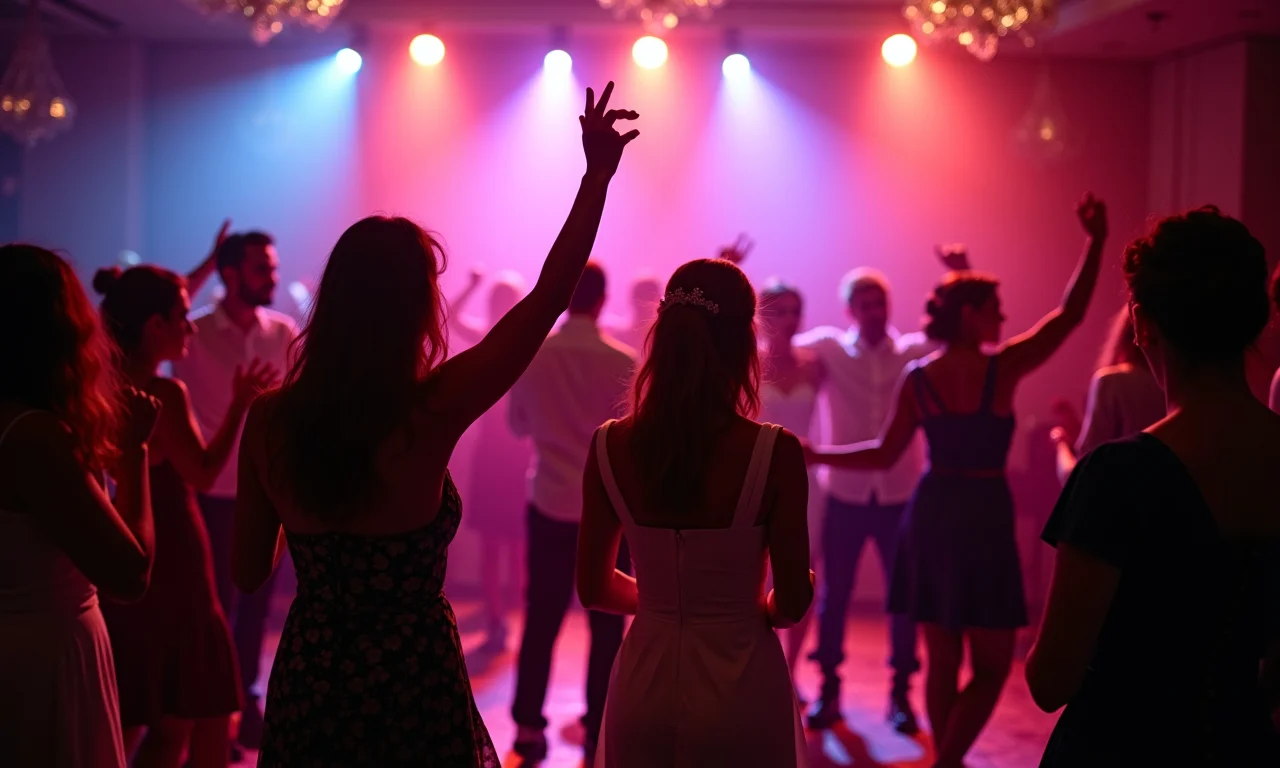 Pista de dança cheia em festa de casamento com banda ao vivo.