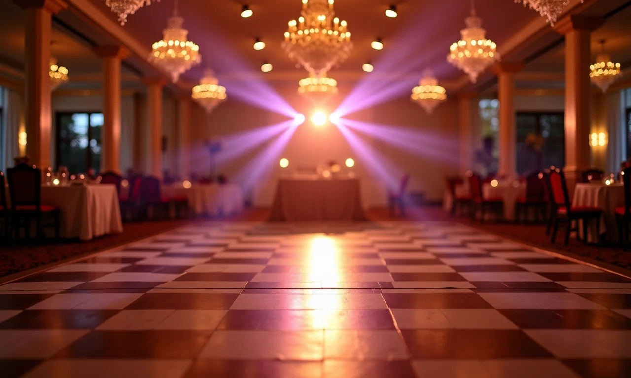 Pista de dança vazia em recepção de casamento, simbolizando ensaio.