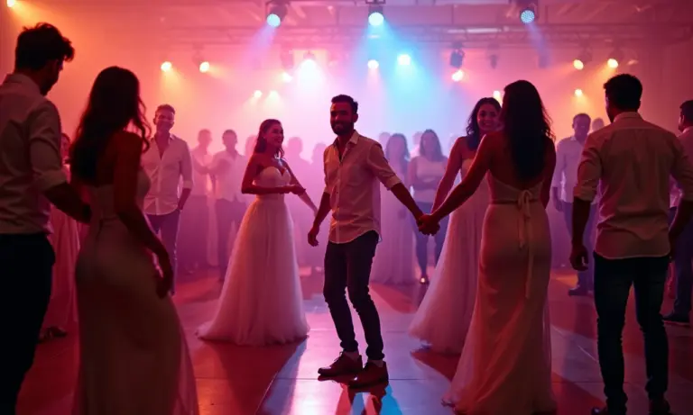 Pista de dança vibrante em casamento brasileiro com casais diversos e iluminação colorida.