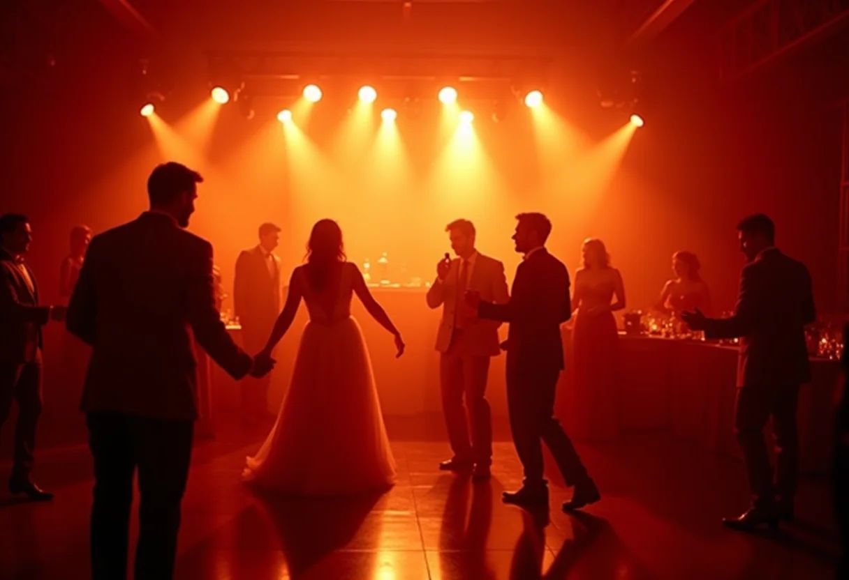 Pista de dança vibrante em casamento de luxo com DJ e iluminação suave