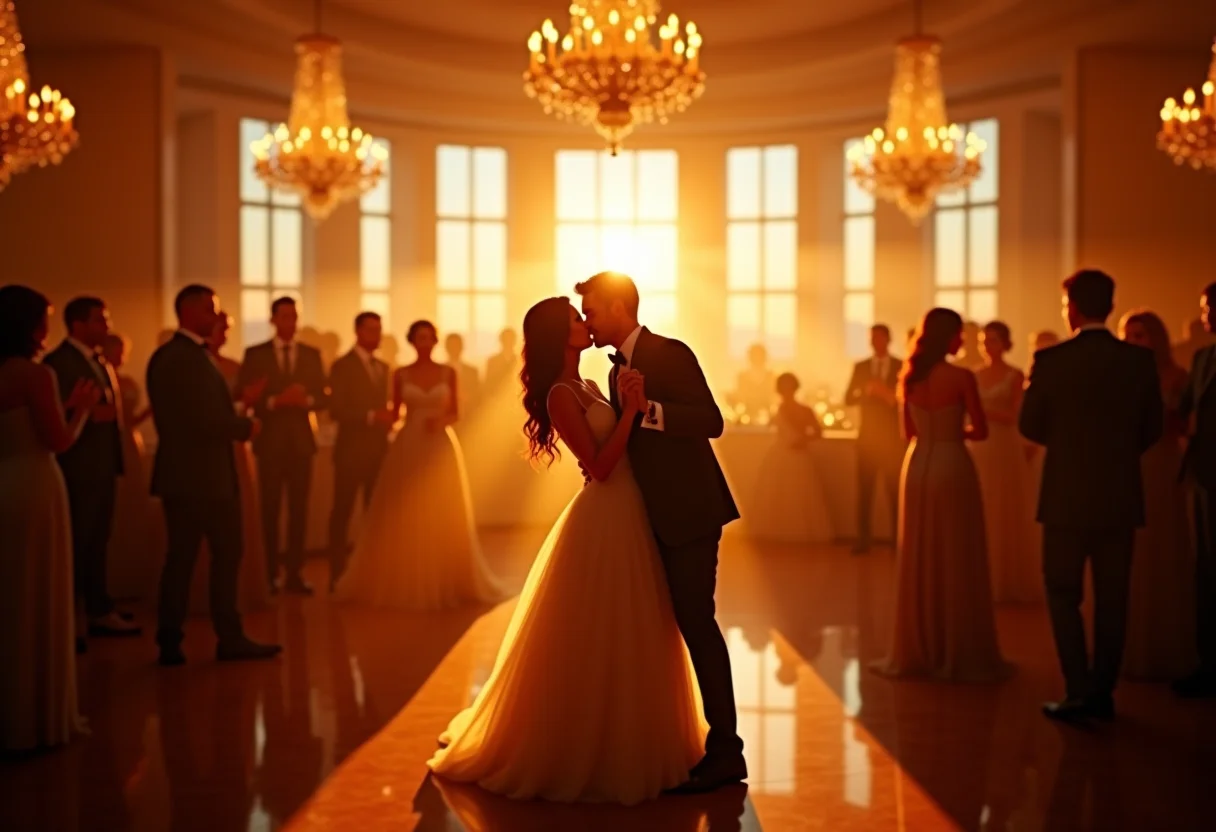 Pista de dança vibrante em casamento de luxo com iluminação dourada