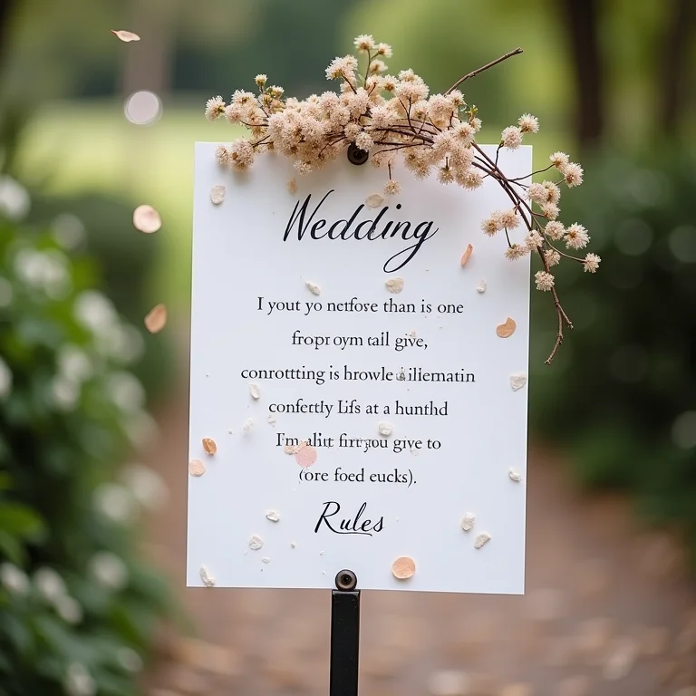 Placa indicando as regras para jogar confetes no local da cerimônia de casamento.