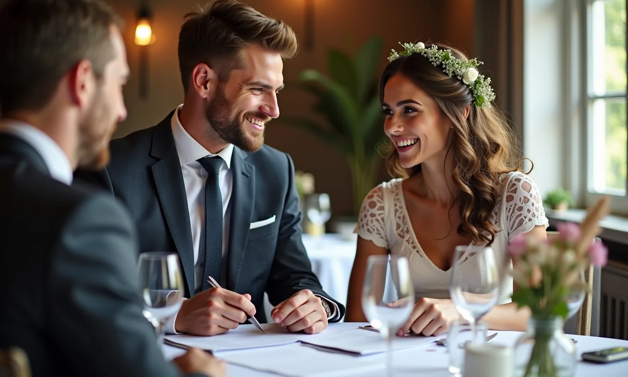 Planejador de casamento discutindo detalhes personalizados com o casal.