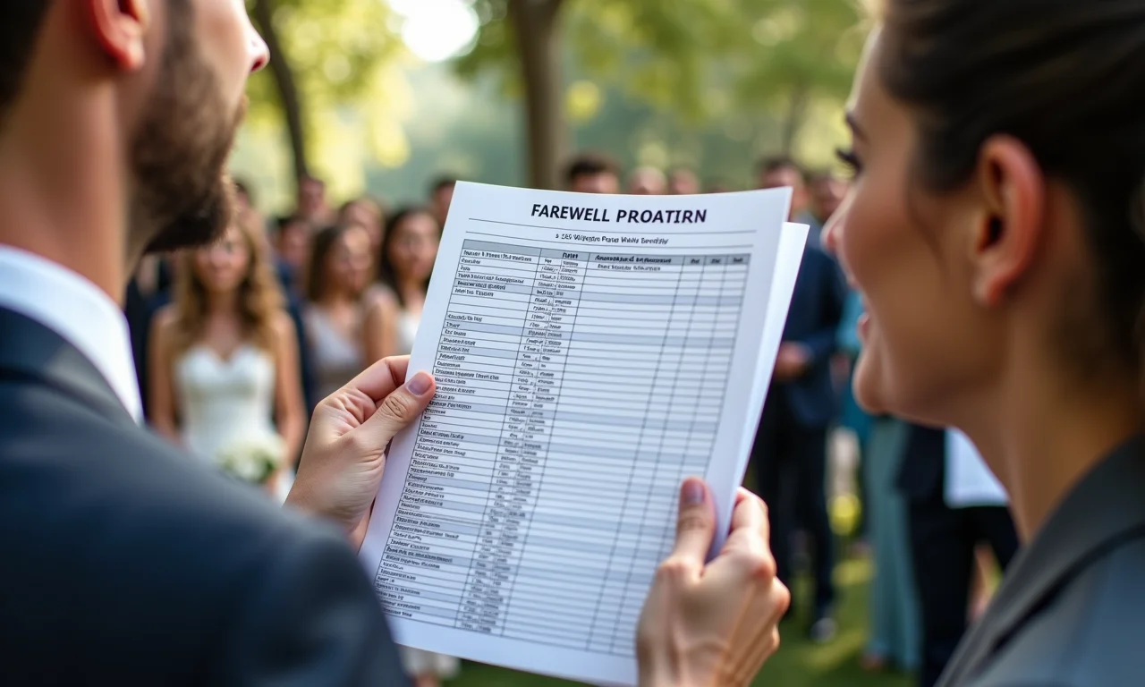 Planejadora de casamentos mostrando planilha de organização do cortejo de saída.