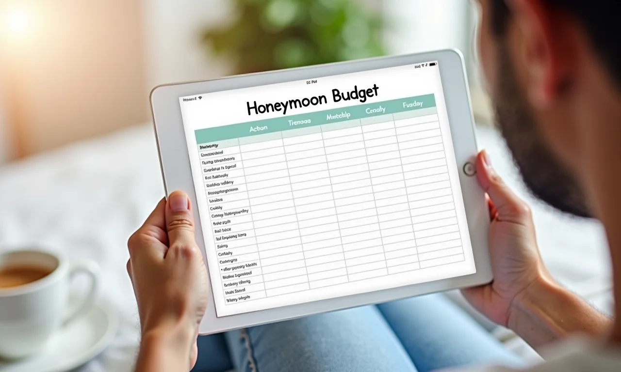 Planilha resumo de orçamento para lua de mel em um tablet.