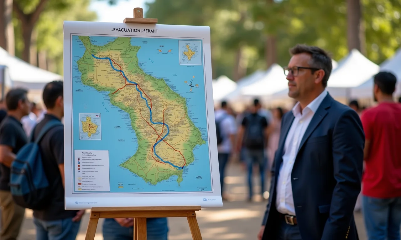 Plano de evacuação de emergência visível em evento.
