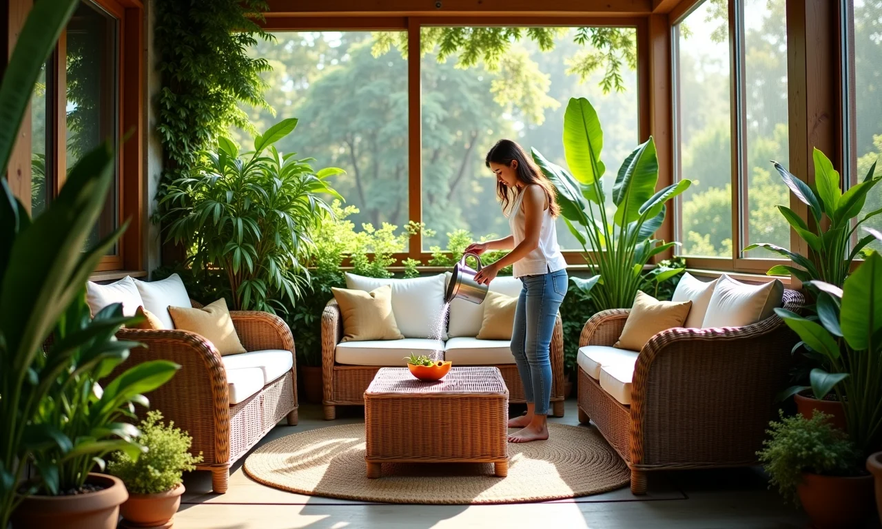 Plantas complementando móveis de vime em varanda.