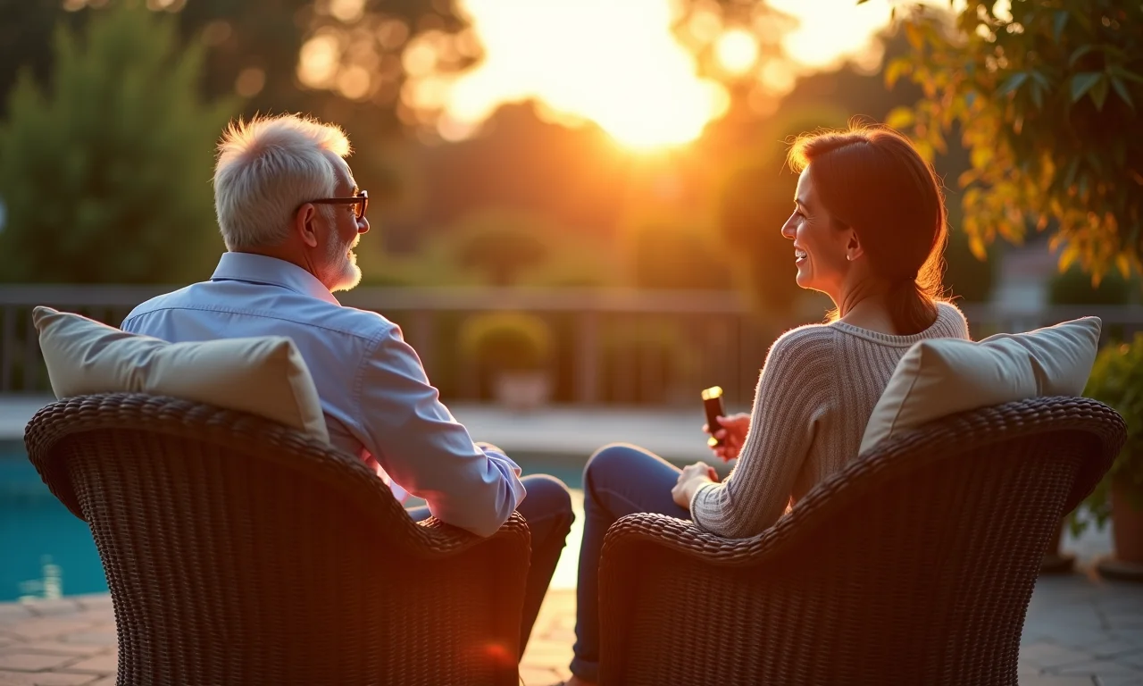 Poltronas de vime confortáveis em área externa aconchegante.