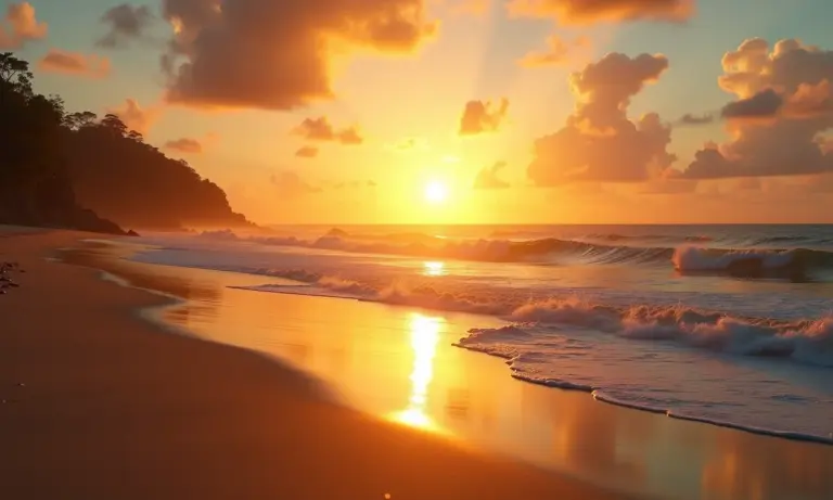 Pôr do sol dourado em praia brasileira com ondas suaves e atmosfera romântica.