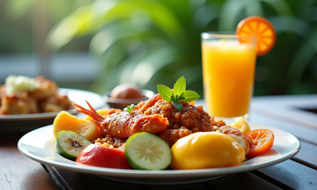 Prato de comida havaiana tradicional com frutos do mar frescos e frutas tropicais.